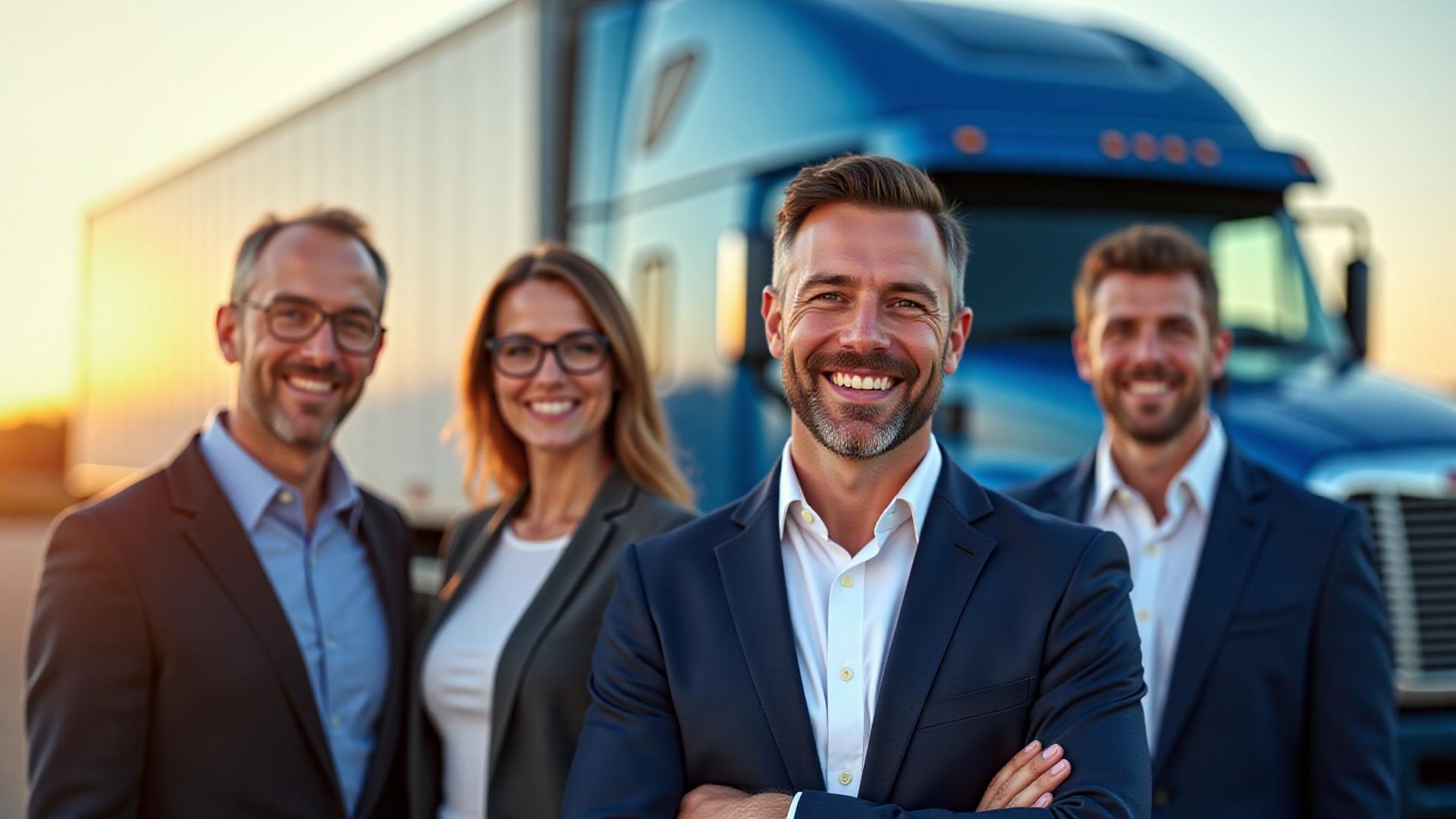 A&S Trucking leadership team in front of Waldorf headquarters