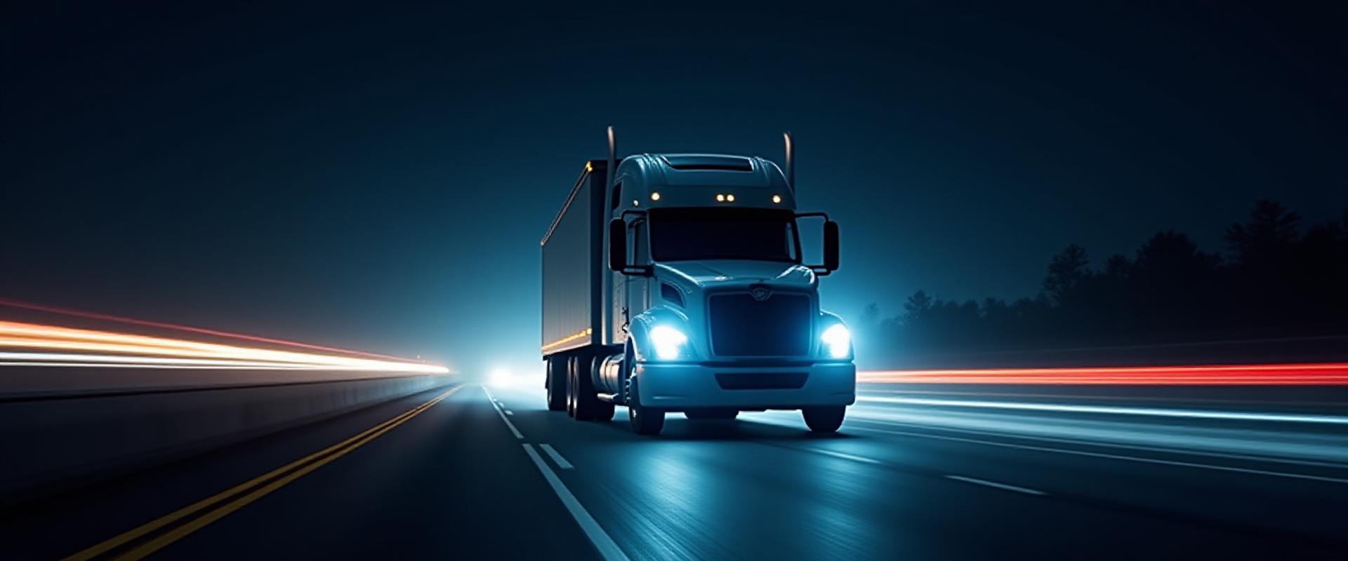 Modern logistics hub at dusk with long-exposure truck lights