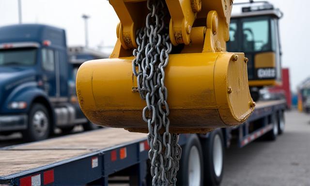 Heavy industrial crawler excavator on a lowboy trailer
