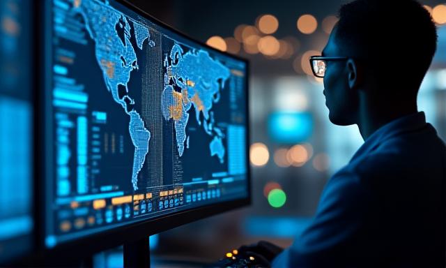 Logistics professional monitoring digital freight dashboard